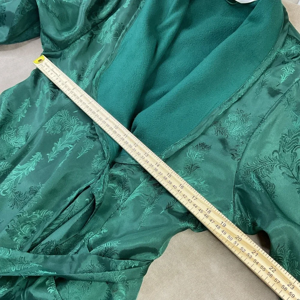 Victoria's Secret Robe Green Satin Fleece Lined Floral Pockets Belted Vintage